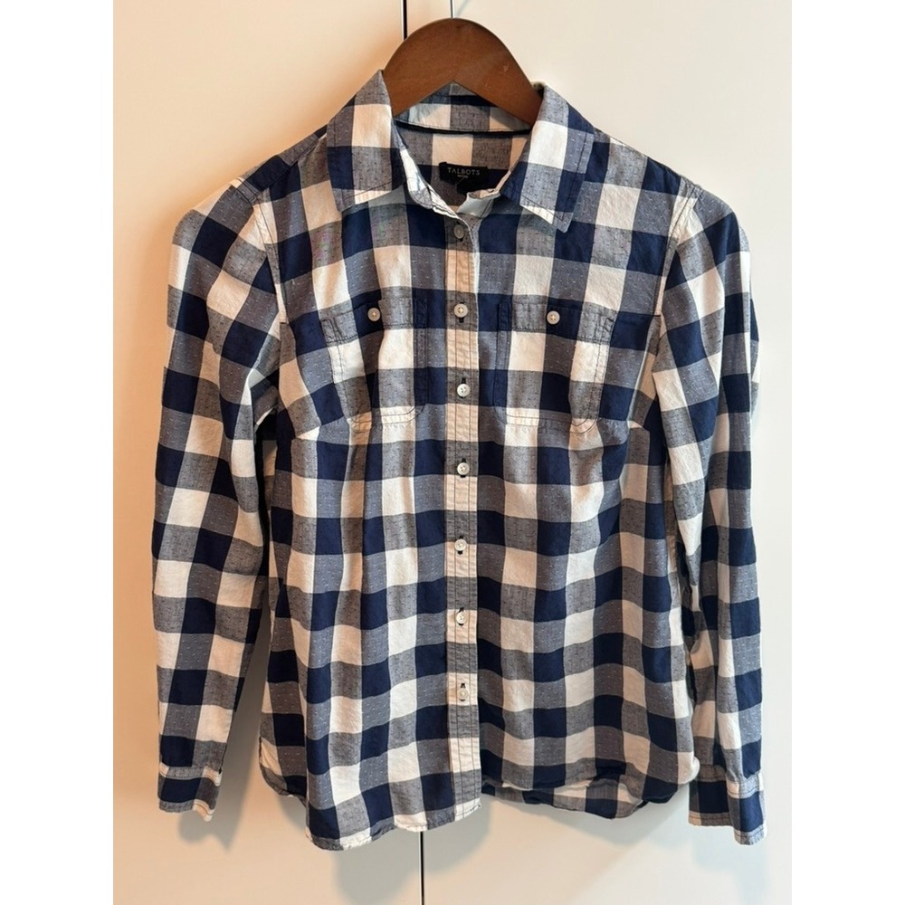 Talbots Petites Blue White Buffalo Plaid Fleck Long Sleeve Top Size P Essential